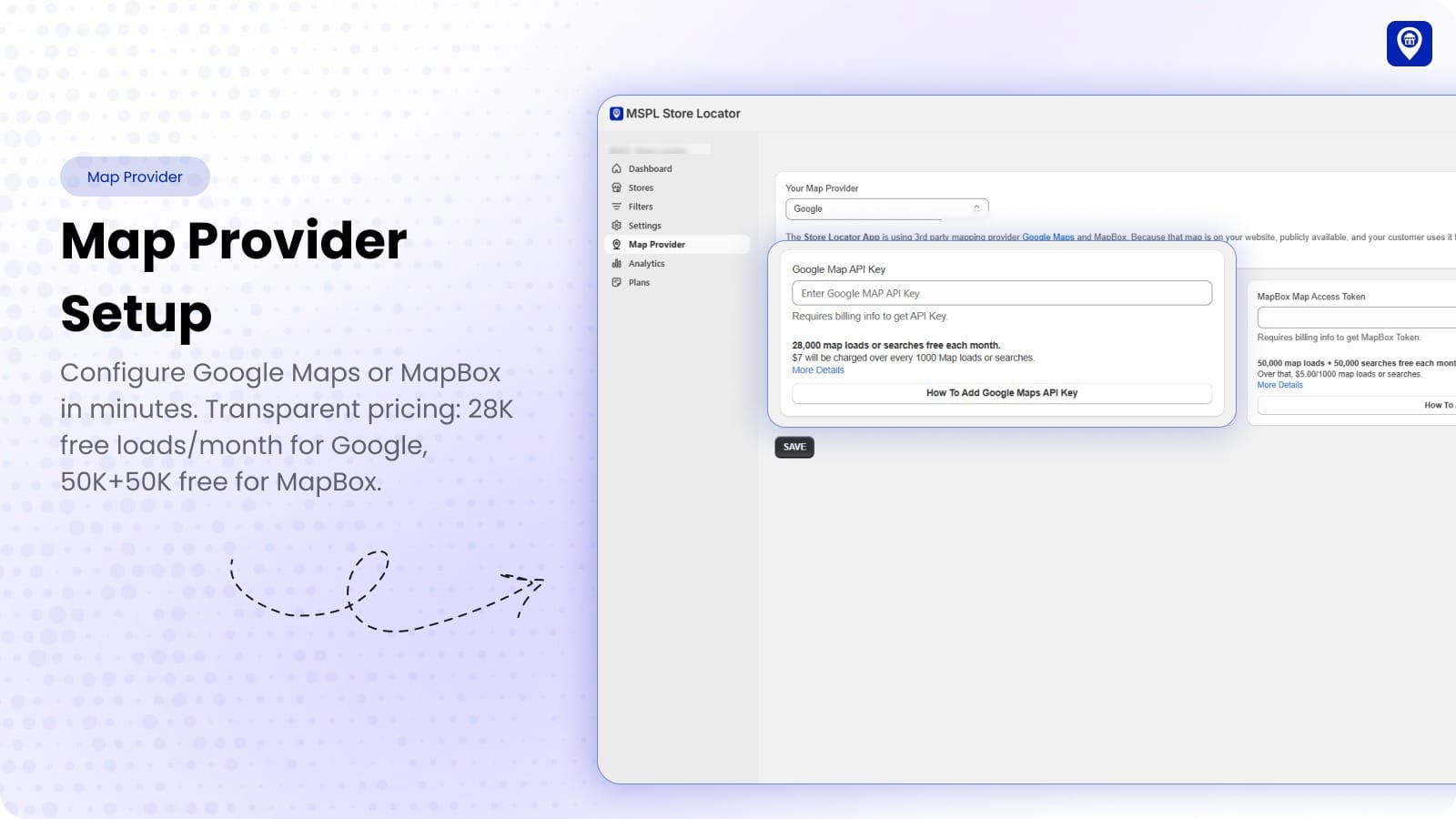 Map provider setup for Google Maps and MapBox with transparent pricing